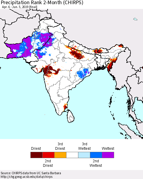 Southern Asia Precipitation Rank 2-Month (CHIRPS) Thematic Map For 4/6/2019 - 6/5/2019