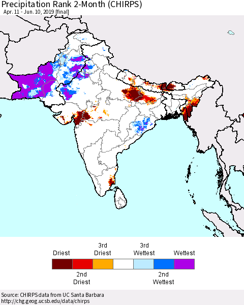 Southern Asia Precipitation Rank 2-Month (CHIRPS) Thematic Map For 4/11/2019 - 6/10/2019