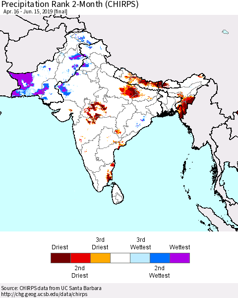 Southern Asia Precipitation Rank since 1981, 2-Month (CHIRPS) Thematic Map For 4/16/2019 - 6/15/2019