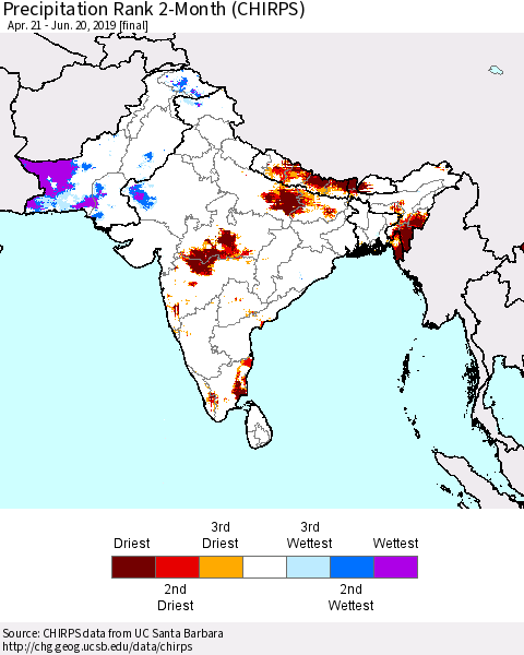 Southern Asia Precipitation Rank 2-Month (CHIRPS) Thematic Map For 4/21/2019 - 6/20/2019