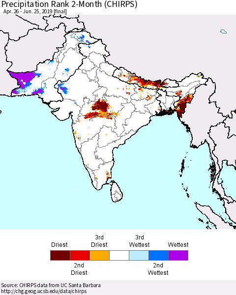 Southern Asia Precipitation Rank 2-Month (CHIRPS) Thematic Map For 4/26/2019 - 6/25/2019