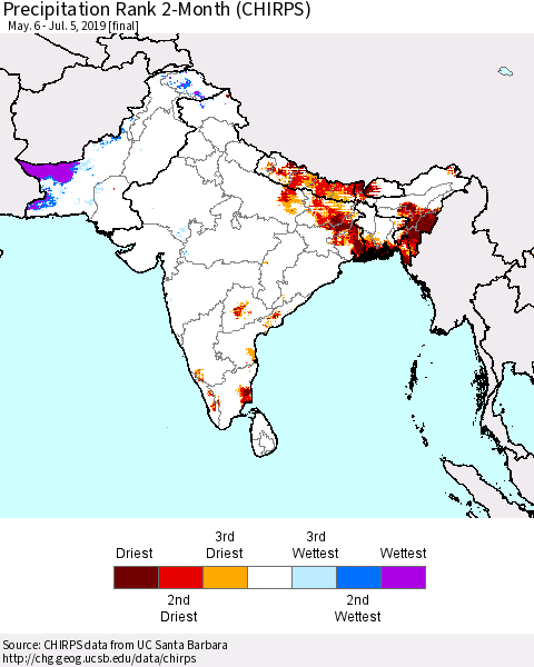 Southern Asia Precipitation Rank since 1981, 2-Month (CHIRPS) Thematic Map For 5/6/2019 - 7/5/2019