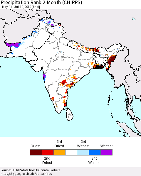 Southern Asia Precipitation Rank 2-Month (CHIRPS) Thematic Map For 5/11/2019 - 7/10/2019