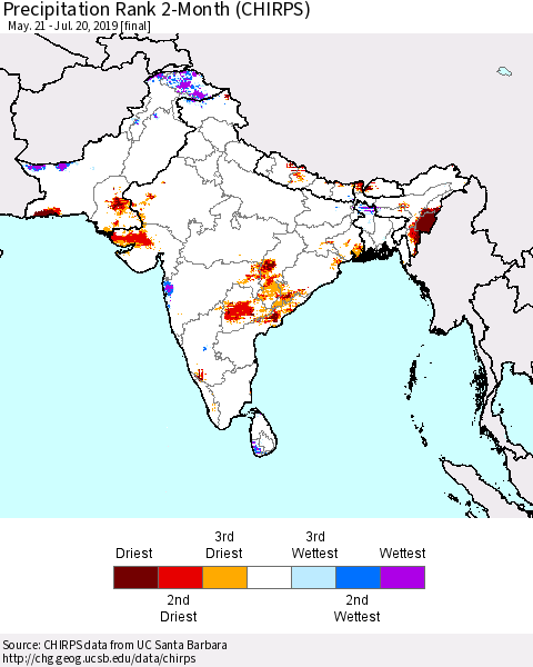 Southern Asia Precipitation Rank since 1981, 2-Month (CHIRPS) Thematic Map For 5/21/2019 - 7/20/2019