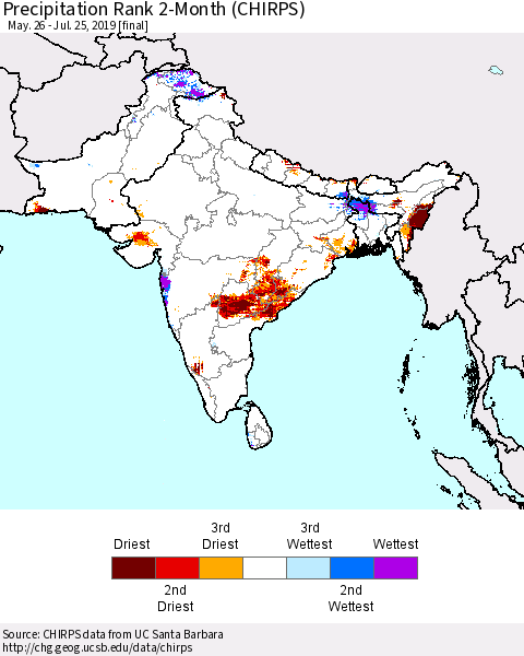 Southern Asia Precipitation Rank 2-Month (CHIRPS) Thematic Map For 5/26/2019 - 7/25/2019