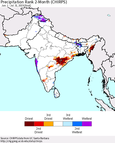 Southern Asia Precipitation Rank 2-Month (CHIRPS) Thematic Map For 6/1/2019 - 7/31/2019