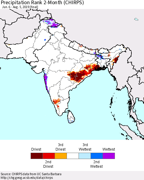 Southern Asia Precipitation Rank 2-Month (CHIRPS) Thematic Map For 6/6/2019 - 8/5/2019