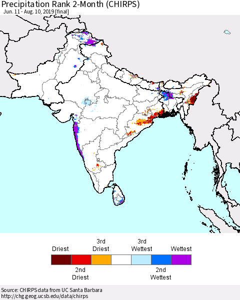 Southern Asia Precipitation Rank 2-Month (CHIRPS) Thematic Map For 6/11/2019 - 8/10/2019