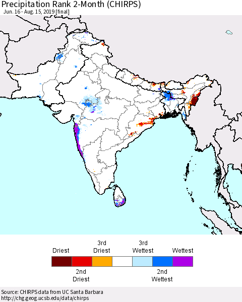 Southern Asia Precipitation Rank since 1981, 2-Month (CHIRPS) Thematic Map For 6/16/2019 - 8/15/2019