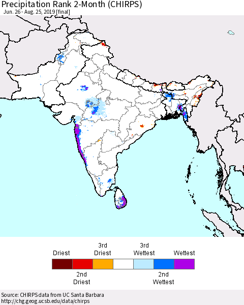 Southern Asia Precipitation Rank since 1981, 2-Month (CHIRPS) Thematic Map For 6/26/2019 - 8/25/2019