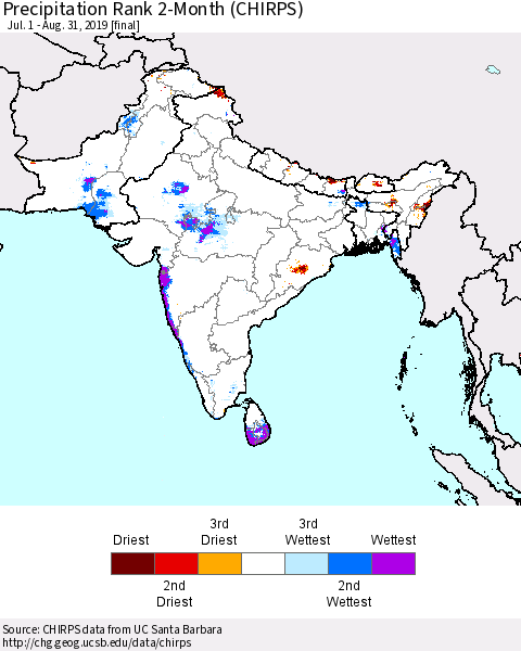 Southern Asia Precipitation Rank since 1981, 2-Month (CHIRPS) Thematic Map For 7/1/2019 - 8/31/2019