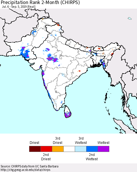 Southern Asia Precipitation Rank 2-Month (CHIRPS) Thematic Map For 7/6/2019 - 9/5/2019