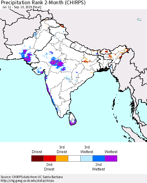 Southern Asia Precipitation Rank since 1981, 2-Month (CHIRPS) Thematic Map For 7/11/2019 - 9/10/2019