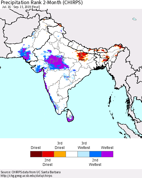 Southern Asia Precipitation Rank since 1981, 2-Month (CHIRPS) Thematic Map For 7/16/2019 - 9/15/2019