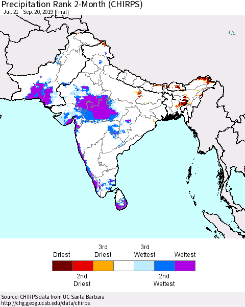 Southern Asia Precipitation Rank since 1981, 2-Month (CHIRPS) Thematic Map For 7/21/2019 - 9/20/2019