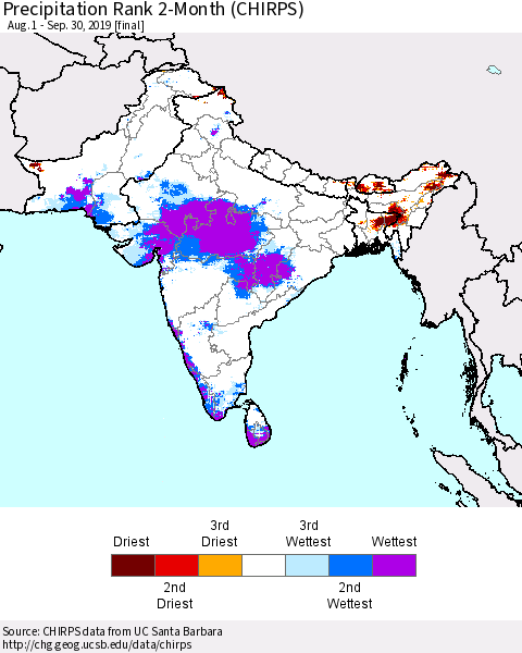 Southern Asia Precipitation Rank 2-Month (CHIRPS) Thematic Map For 8/1/2019 - 9/30/2019