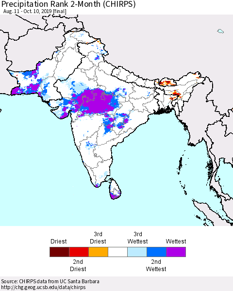 Southern Asia Precipitation Rank 2-Month (CHIRPS) Thematic Map For 8/11/2019 - 10/10/2019