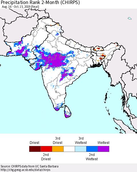 Southern Asia Precipitation Rank since 1981, 2-Month (CHIRPS) Thematic Map For 8/16/2019 - 10/15/2019