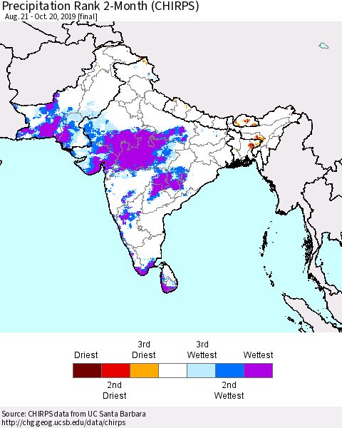 Southern Asia Precipitation Rank 2-Month (CHIRPS) Thematic Map For 8/21/2019 - 10/20/2019
