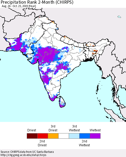 Southern Asia Precipitation Rank 2-Month (CHIRPS) Thematic Map For 8/26/2019 - 10/25/2019