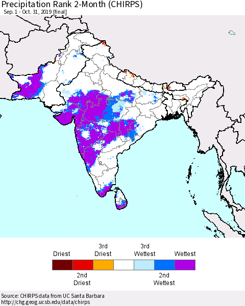 Southern Asia Precipitation Rank 2-Month (CHIRPS) Thematic Map For 9/1/2019 - 10/31/2019