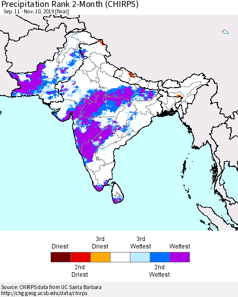 Southern Asia Precipitation Rank 2-Month (CHIRPS) Thematic Map For 9/11/2019 - 11/10/2019