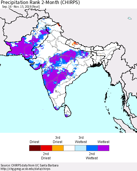 Southern Asia Precipitation Rank since 1981, 2-Month (CHIRPS) Thematic Map For 9/16/2019 - 11/15/2019
