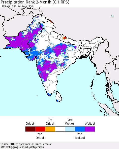 Southern Asia Precipitation Rank 2-Month (CHIRPS) Thematic Map For 9/21/2019 - 11/20/2019