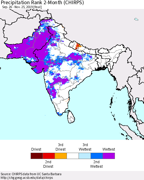 Southern Asia Precipitation Rank 2-Month (CHIRPS) Thematic Map For 9/26/2019 - 11/25/2019