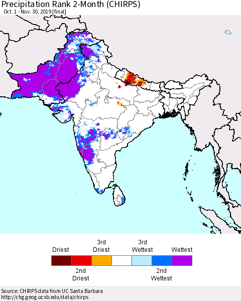 Southern Asia Precipitation Rank since 1981, 2-Month (CHIRPS) Thematic Map For 10/1/2019 - 11/30/2019