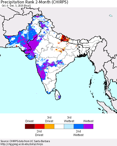 Southern Asia Precipitation Rank 2-Month (CHIRPS) Thematic Map For 10/6/2019 - 12/5/2019