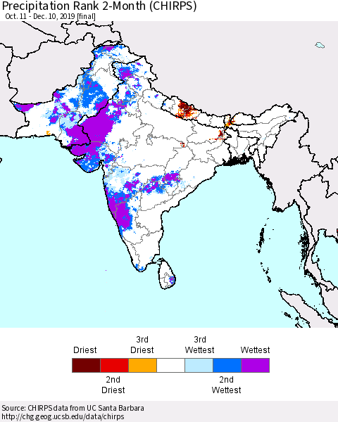 Southern Asia Precipitation Rank since 1981, 2-Month (CHIRPS) Thematic Map For 10/11/2019 - 12/10/2019