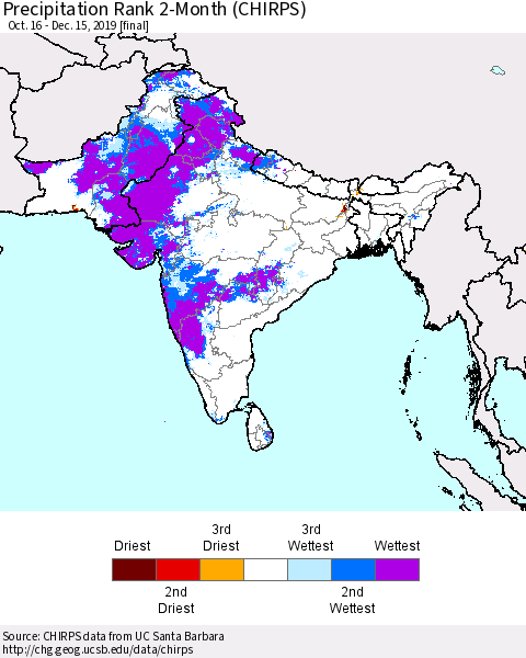 Southern Asia Precipitation Rank 2-Month (CHIRPS) Thematic Map For 10/16/2019 - 12/15/2019