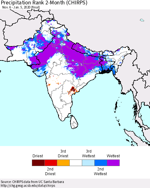 Southern Asia Precipitation Rank 2-Month (CHIRPS) Thematic Map For 11/6/2019 - 1/5/2020