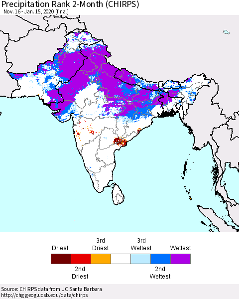 Southern Asia Precipitation Rank 2-Month (CHIRPS) Thematic Map For 11/16/2019 - 1/15/2020