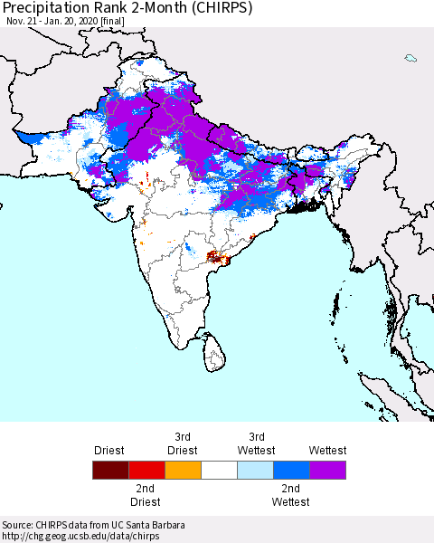 Southern Asia Precipitation Rank 2-Month (CHIRPS) Thematic Map For 11/21/2019 - 1/20/2020