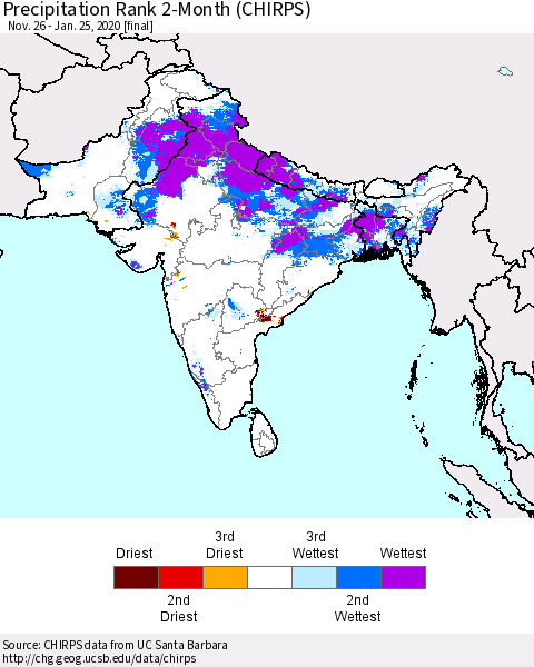 Southern Asia Precipitation Rank since 1981, 2-Month (CHIRPS) Thematic Map For 11/26/2019 - 1/25/2020
