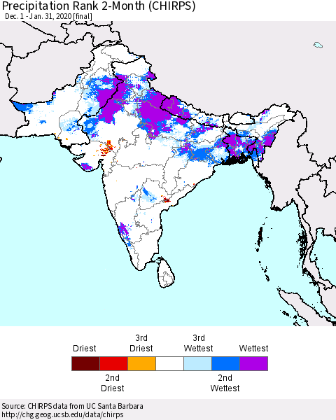 Southern Asia Precipitation Rank 2-Month (CHIRPS) Thematic Map For 12/1/2019 - 1/31/2020