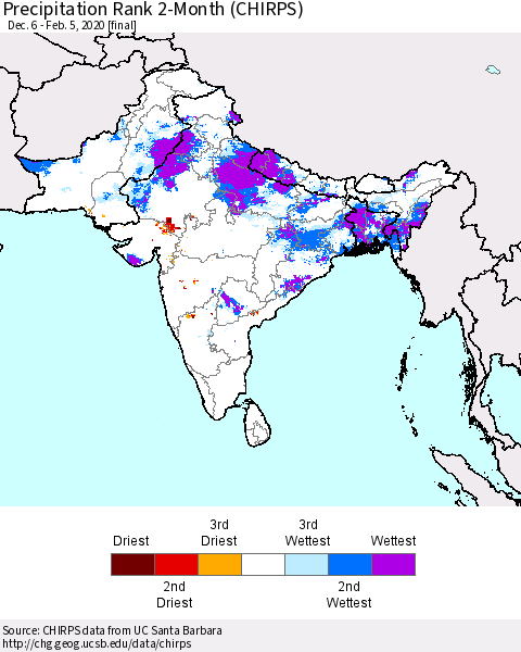 Southern Asia Precipitation Rank 2-Month (CHIRPS) Thematic Map For 12/6/2019 - 2/5/2020