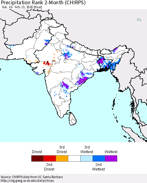 Southern Asia Precipitation Rank 2-Month (CHIRPS) Thematic Map For 12/16/2019 - 2/15/2020