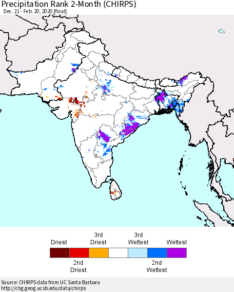 Southern Asia Precipitation Rank since 1981, 2-Month (CHIRPS) Thematic Map For 12/21/2019 - 2/20/2020