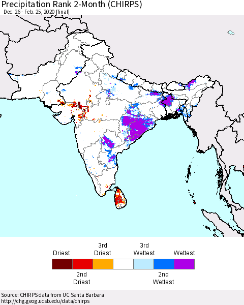 Southern Asia Precipitation Rank 2-Month (CHIRPS) Thematic Map For 12/26/2019 - 2/25/2020