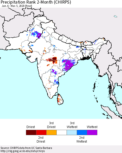 Southern Asia Precipitation Rank 2-Month (CHIRPS) Thematic Map For 1/6/2020 - 3/5/2020