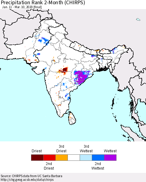 Southern Asia Precipitation Rank since 1981, 2-Month (CHIRPS) Thematic Map For 1/11/2020 - 3/10/2020