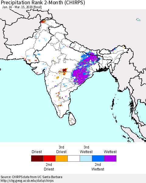 Southern Asia Precipitation Rank since 1981, 2-Month (CHIRPS) Thematic Map For 1/16/2020 - 3/15/2020