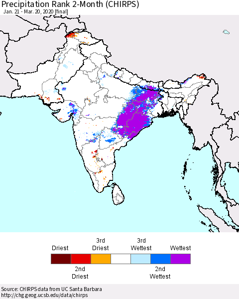 Southern Asia Precipitation Rank since 1981, 2-Month (CHIRPS) Thematic Map For 1/21/2020 - 3/20/2020