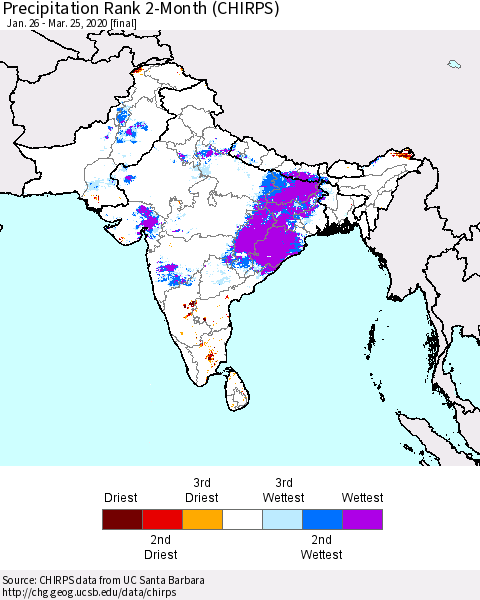 Southern Asia Precipitation Rank since 1981, 2-Month (CHIRPS) Thematic Map For 1/26/2020 - 3/25/2020