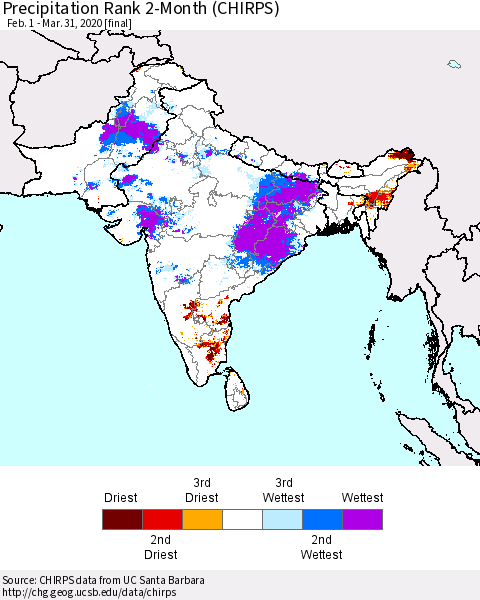 Southern Asia Precipitation Rank 2-Month (CHIRPS) Thematic Map For 2/1/2020 - 3/31/2020