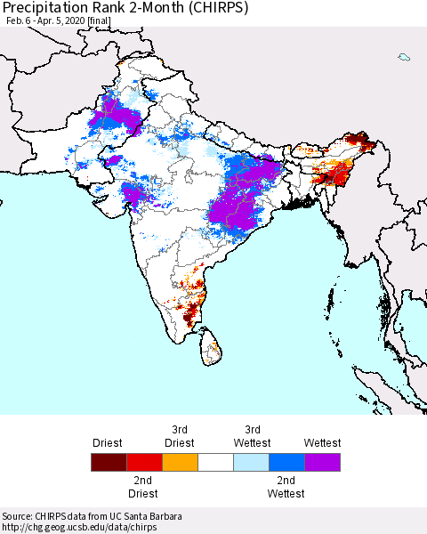 Southern Asia Precipitation Rank 2-Month (CHIRPS) Thematic Map For 2/6/2020 - 4/5/2020
