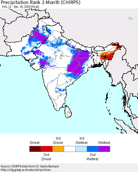 Southern Asia Precipitation Rank 2-Month (CHIRPS) Thematic Map For 2/11/2020 - 4/10/2020